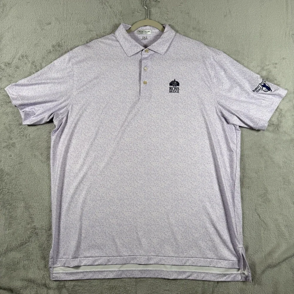 Peter Millar Summer Comfort Men's XL Purple/White Print Stretch Golf Polo Logo